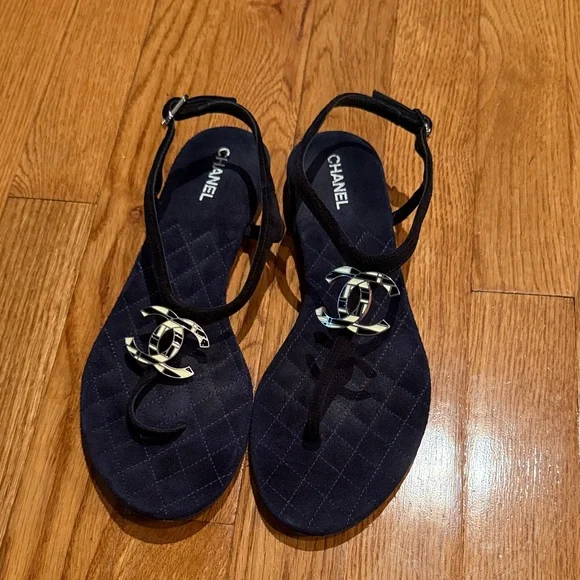 Chanel Black Sandals with Silver Logo - Picture 1 of 4